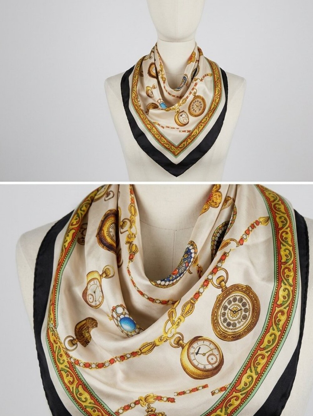 Classic Cream & Black Pocket Watch Print Silk Scarf • Size OS